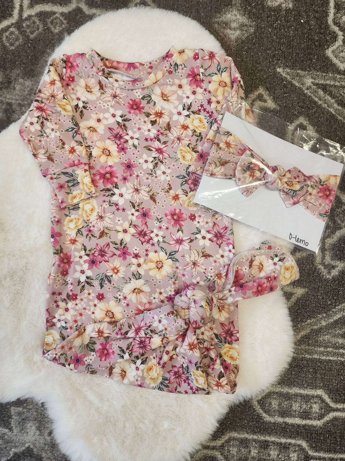 Pink Floral Gown & Bow Set