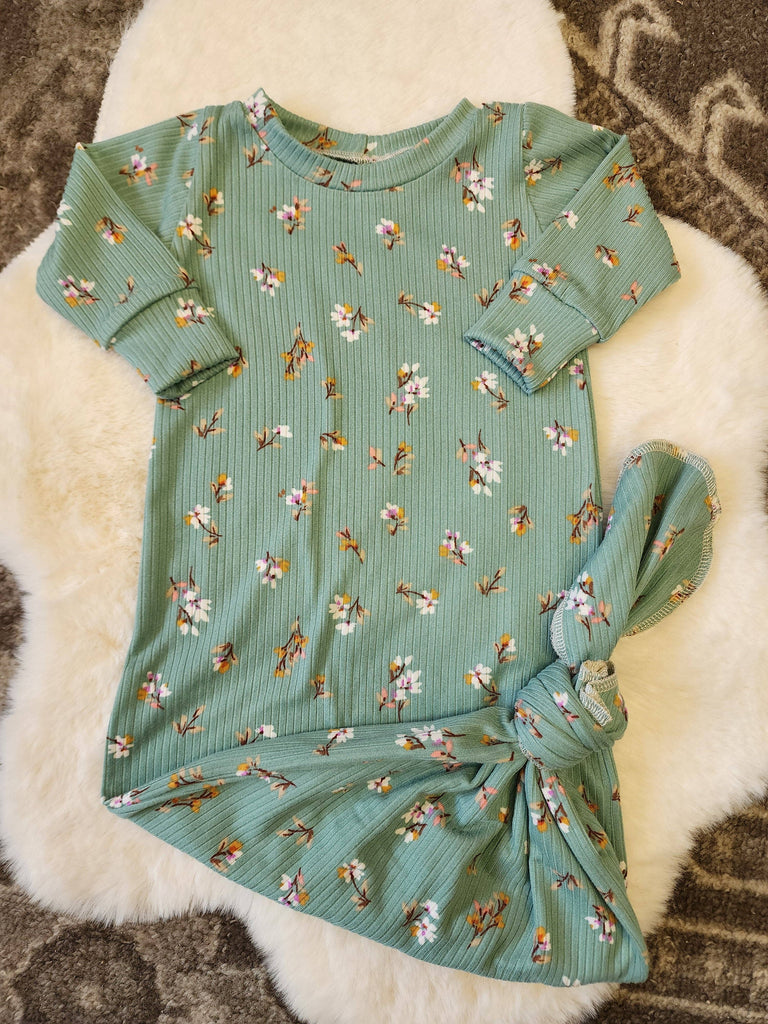 Green Flower Ribbed Gown