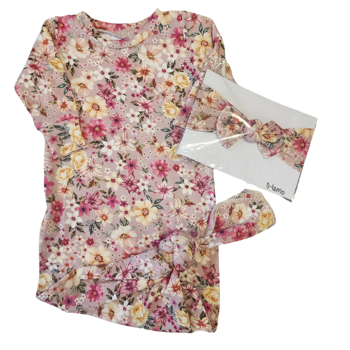 Pink Floral Gown & Bow Set